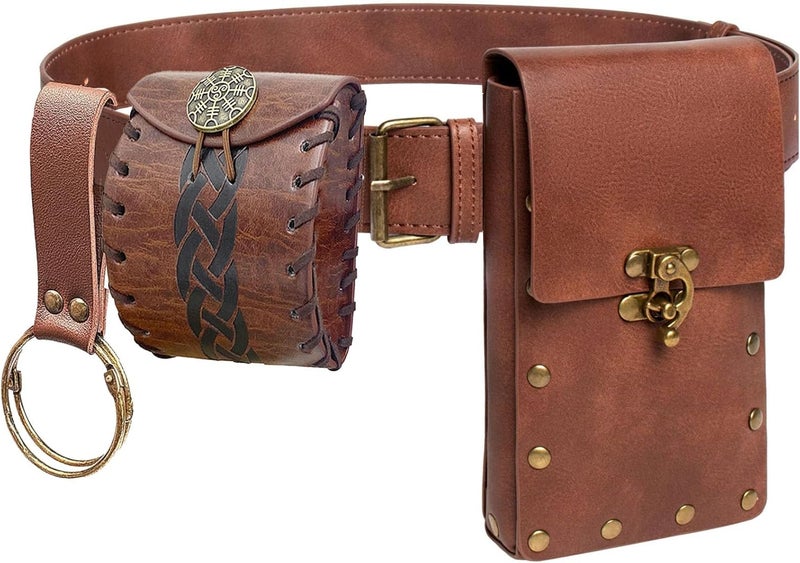 KOTORA Renaissance Belt Pouch Coin Purse Skirt Hike Set Medieval Festival Costume Halloween Accessories Casual Fanny Pack Waist Bag (2Pouch-2Brown) - Image 1